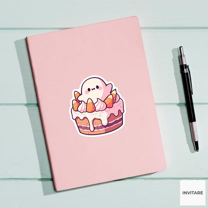 Haunted Cake Ghost Sticker, Pastel Bakery Halloween Decal for Laptop Journals