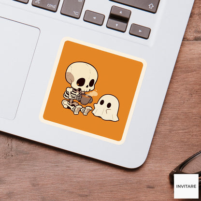 Skeleton Hot Cocoa Sticker, Friendly Ghost Halloween Decal for Cozy Journals