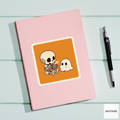 Skeleton Hot Cocoa Sticker, Friendly Ghost Halloween Decal for Cozy Journals