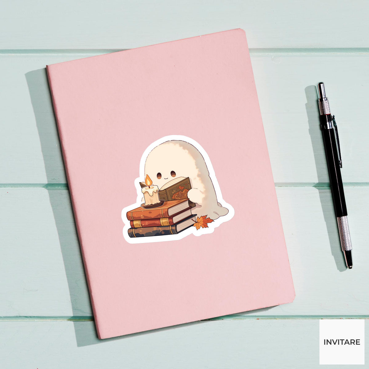 Cozy Ghost Spellbook Sticker, Bookish Halloween Reading Decal for Kindle Journals