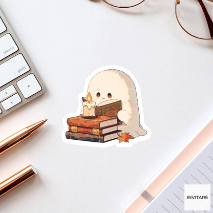 Cozy Ghost Spellbook Sticker, Bookish Halloween Reading Decal for Kindle Journals