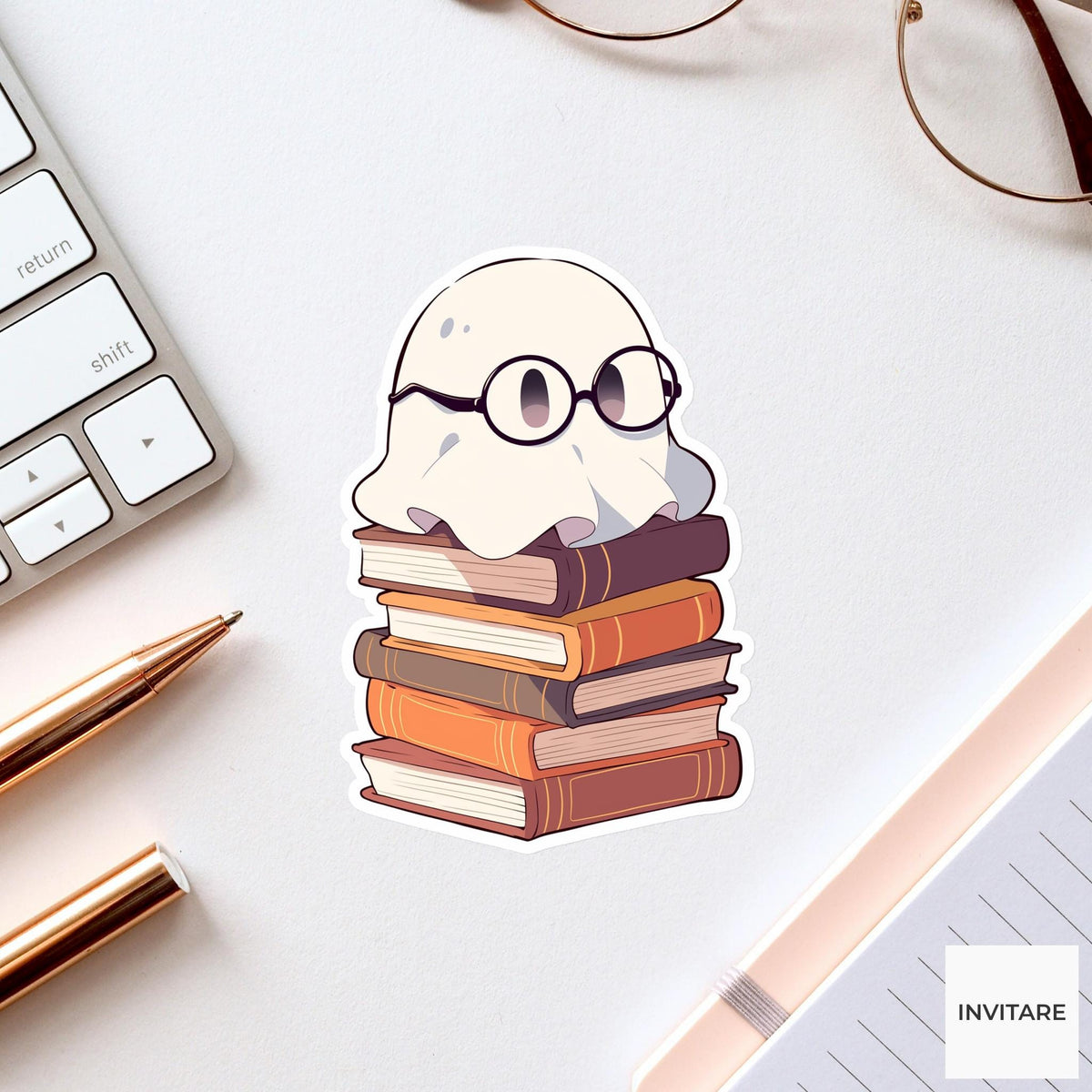 Ghost Book Stack Sticker, Cozy Reading Halloween Decal for Kindle Journals
