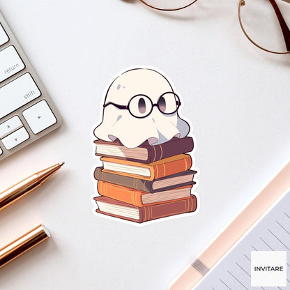 Ghost Book Stack Sticker, Cozy Reading Halloween Decal for Kindle Journals