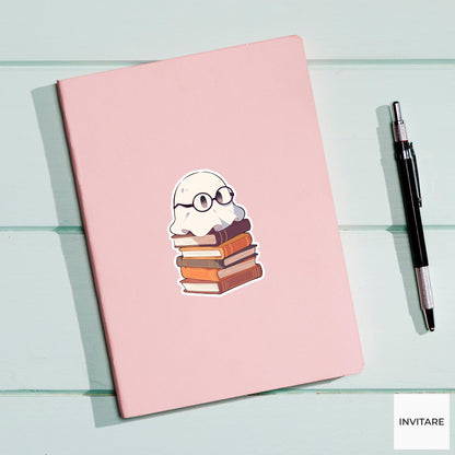 Ghost Book Stack Sticker, Cozy Reading Halloween Decal for Kindle Journals