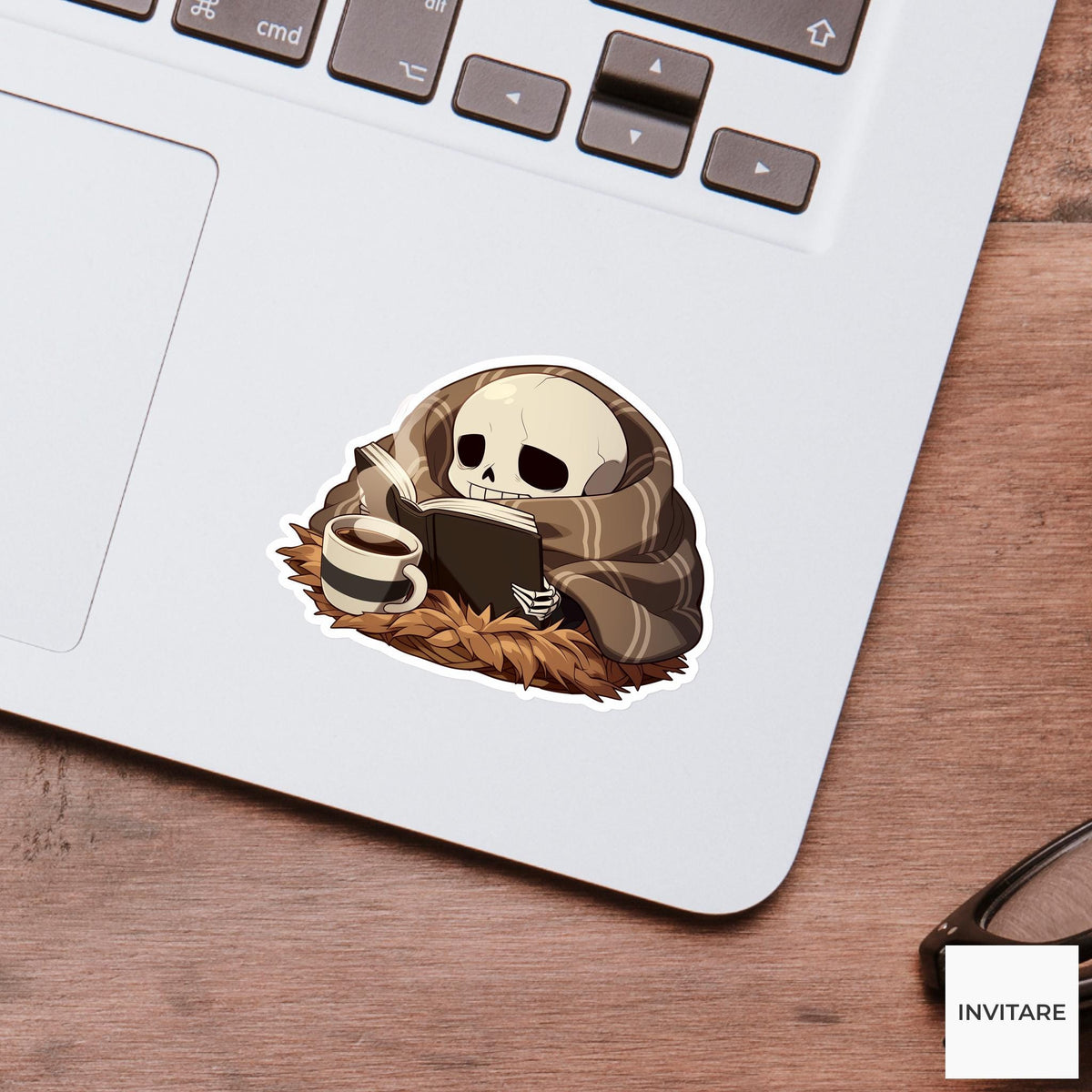 Skeleton Blanket Reader Sticker, Cozy Halloween Book Decal for Kindle Journals