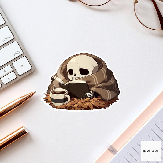 Skeleton Blanket Reader Sticker, Cozy Halloween Book Decal for Kindle Journals
