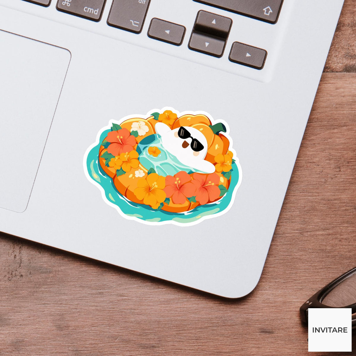 Summerween Ghost Pool Sticker, Tropical Pumpkin Float Halloween Decal for Bottles