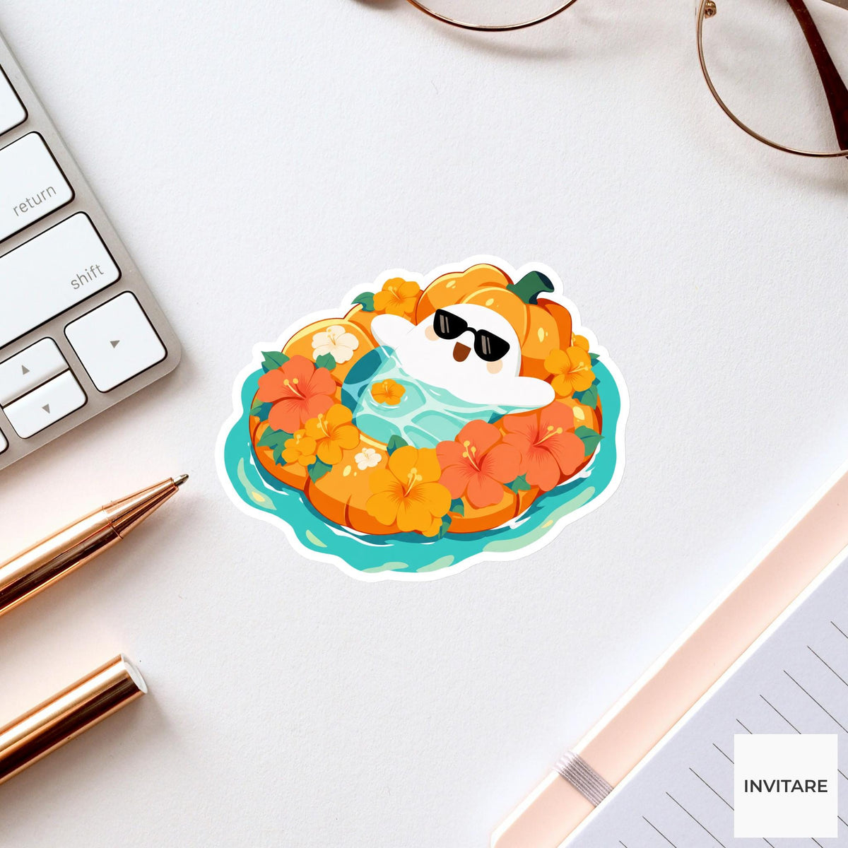 Summerween Ghost Pool Sticker, Tropical Pumpkin Float Halloween Decal for Bottles