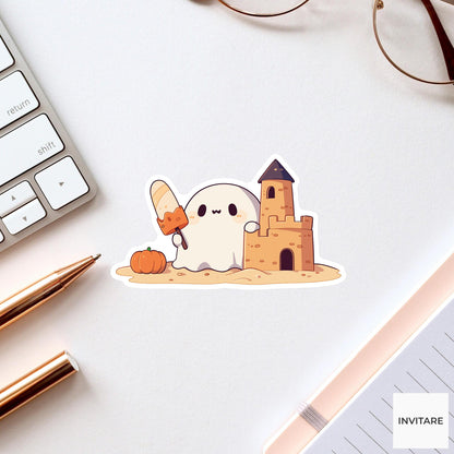 Summerween Ghost Sandcastle Sticker, Pumpkin Beach Halloween Decal for Laptops