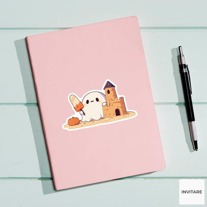 Summerween Ghost Sandcastle Sticker, Pumpkin Beach Halloween Decal for Laptops