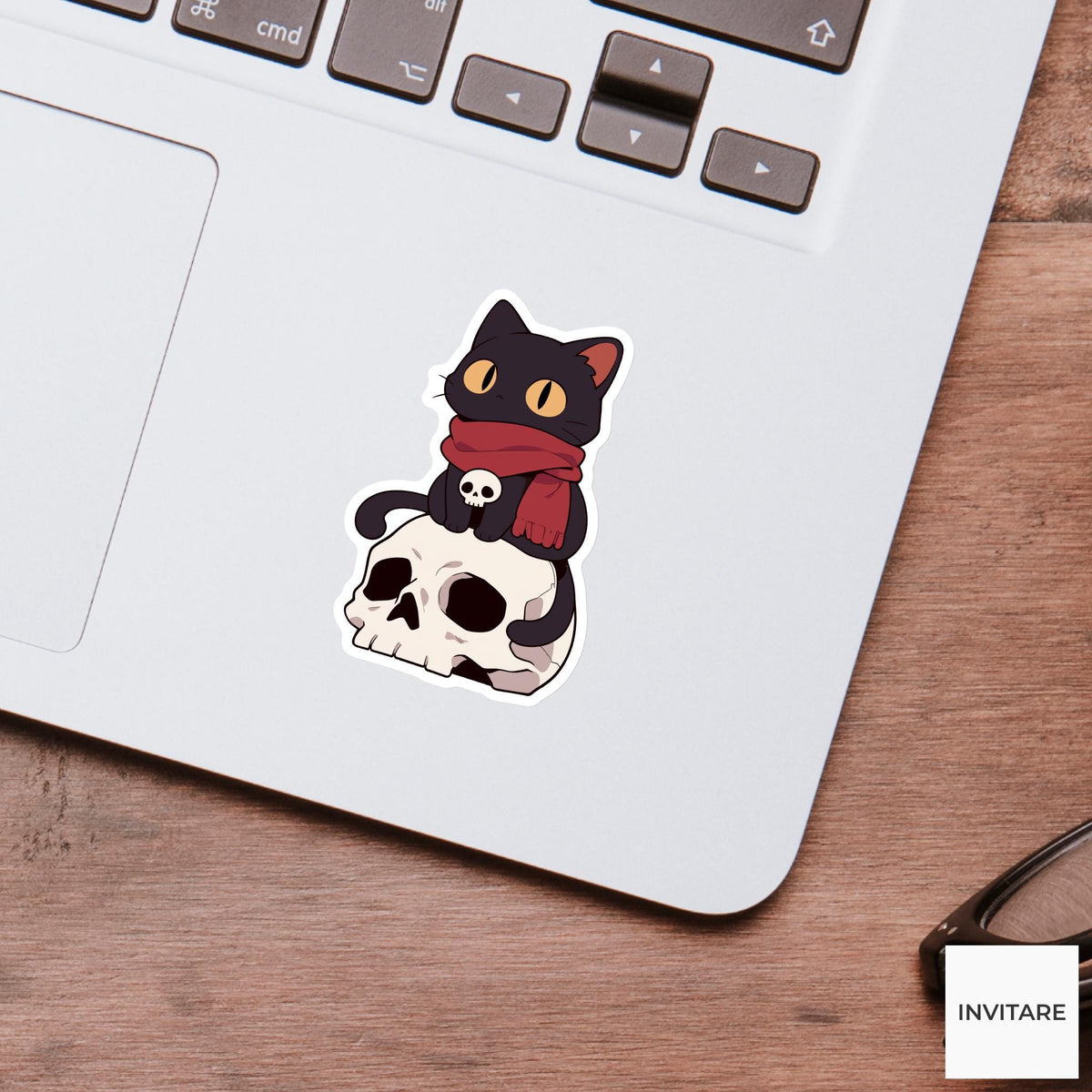 Black Cat Skull Sticker, Gothic Witchy Halloween Decal for Laptop Journals