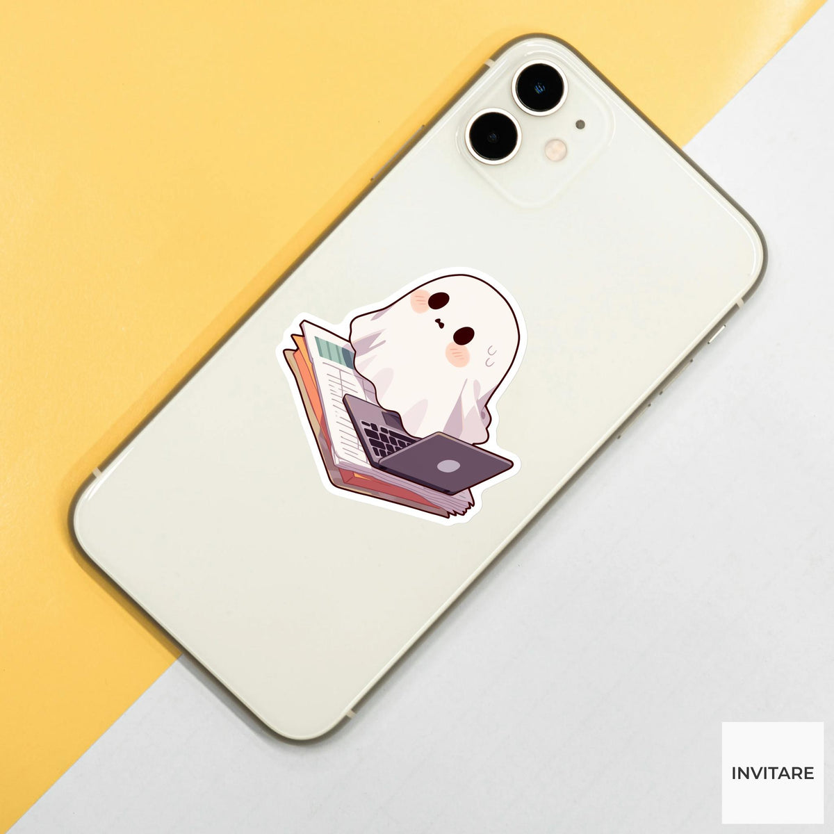 Ghost Laptop Book Sticker, Cozy Study Halloween Decal for Reading Journals