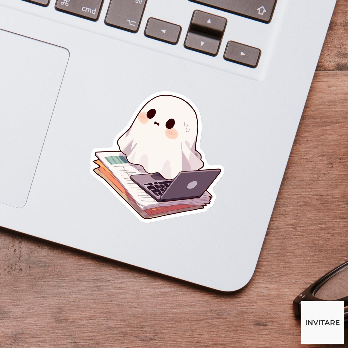 Ghost Laptop Book Sticker, Cozy Study Halloween Decal for Reading Journals