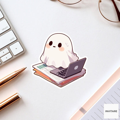 Ghost Laptop Book Sticker, Cozy Study Halloween Decal for Reading Journals