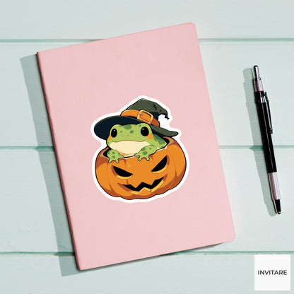 Frog Pumpkin Sticker, Cute Witch Hat Halloween Decal for Planner Journals