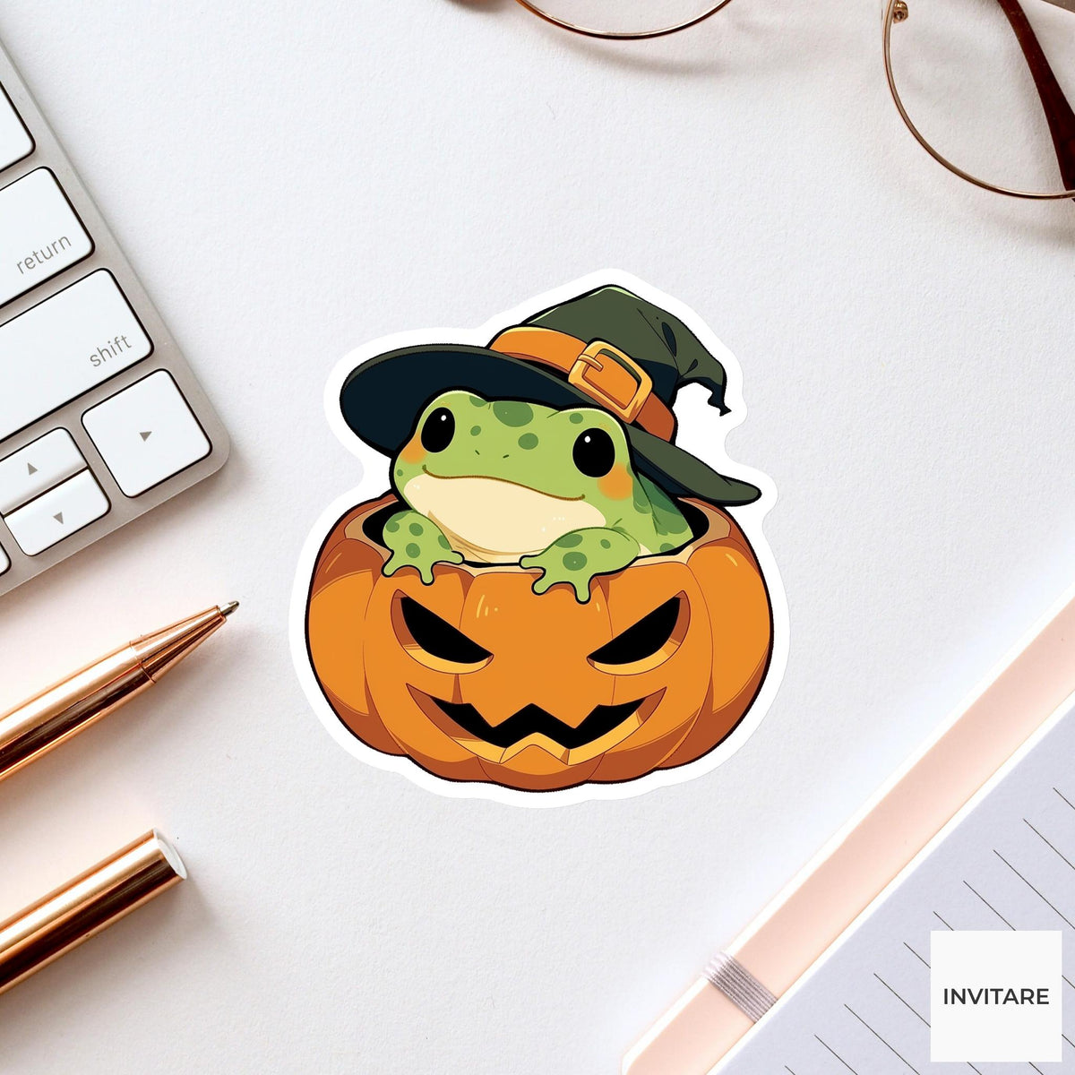 Frog Pumpkin Sticker, Cute Witch Hat Halloween Decal for Planner Journals