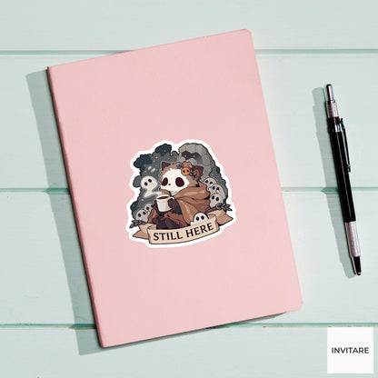 Still Here Possum Sticker, Mental Health Halloween Meme Decal for Laptops