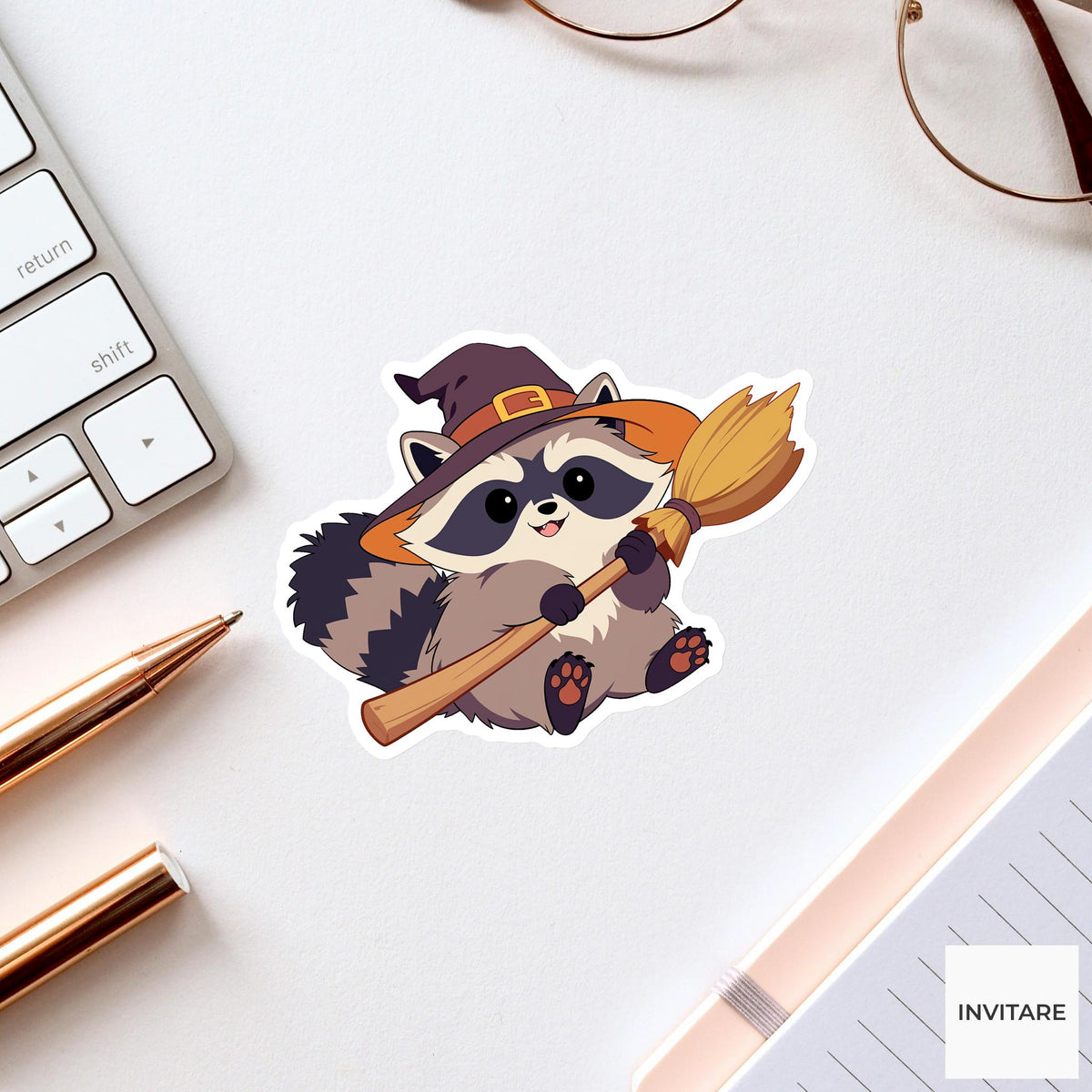 Witch Hat Raccoon Sticker, Funny Halloween Broom Decal for Laptop Journals