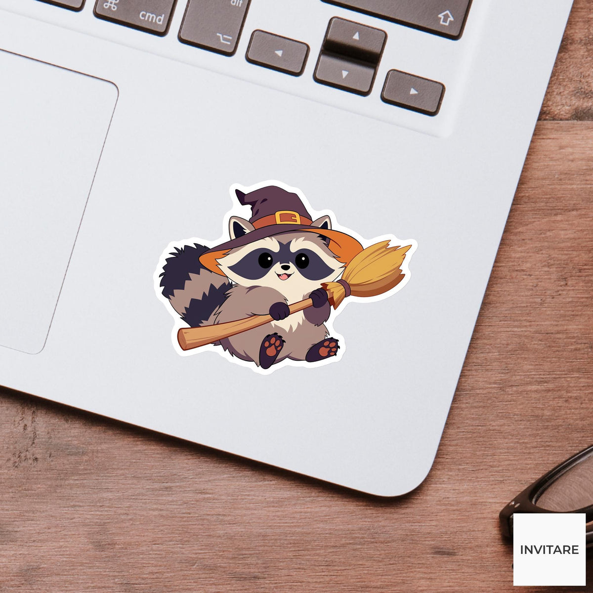 Witch Hat Raccoon Sticker, Funny Halloween Broom Decal for Laptop Journals