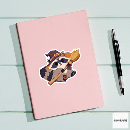 Witch Hat Raccoon Sticker, Funny Halloween Broom Decal for Laptop Journals