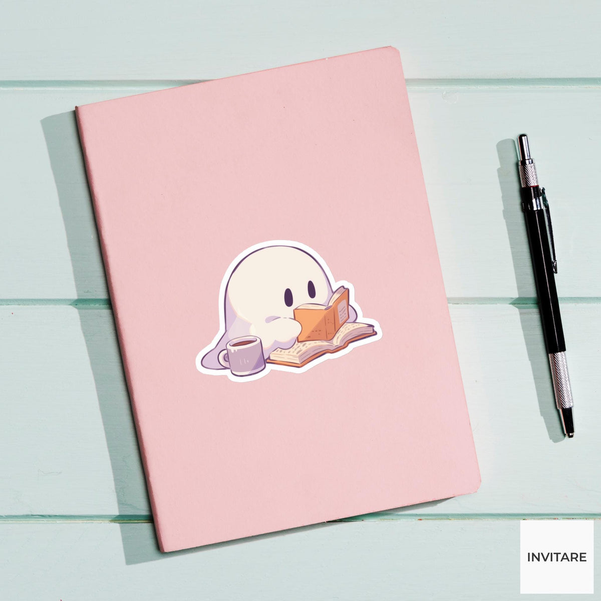 Ghost Reading Mug Sticker, Cozy Bookish Halloween Decal for Kindle Journals