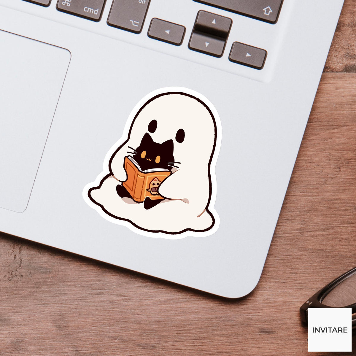 Ghost Reading Black Cat Sticker, Cozy Halloween Book Decal for Journals
