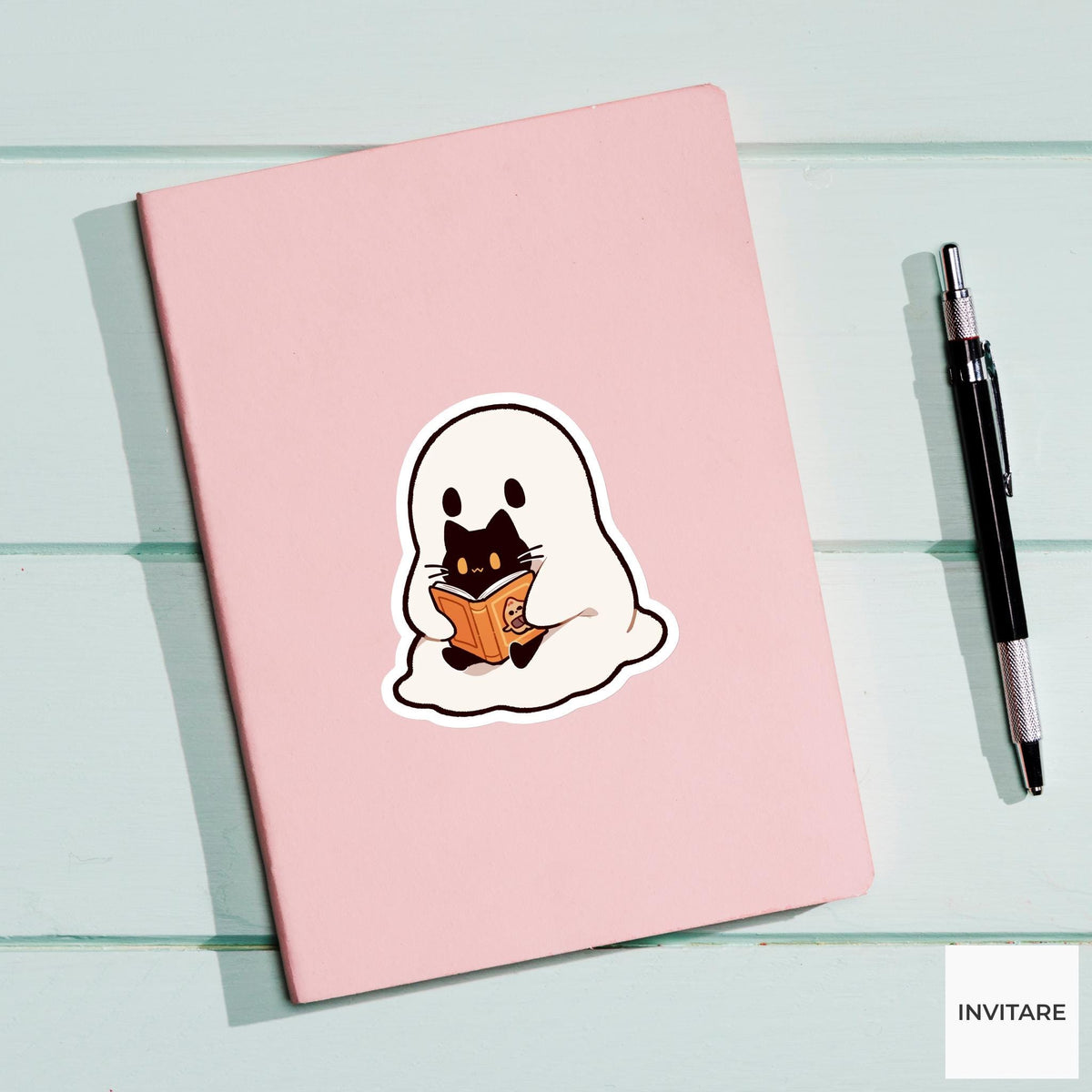 Ghost Reading Black Cat Sticker, Cozy Halloween Book Decal for Journals
