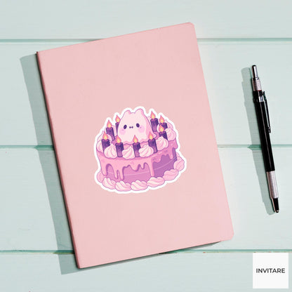 Pastel Ghost Cake Sticker, Cute Halloween Bakery Decal for Dessert Journals