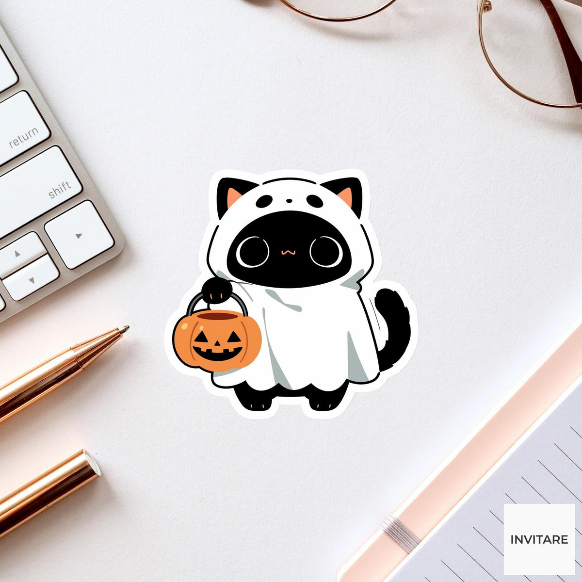 Panda Ghost Costume Sticker, Cute Pumpkin Bucket Halloween Decal for Laptops