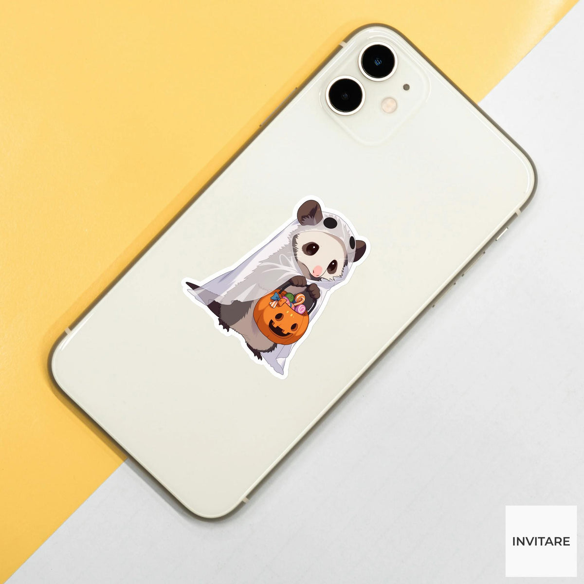 Possum Ghost Costume Sticker, Cute Pumpkin Bucket Halloween Decal for Laptops