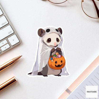 Possum Ghost Costume Sticker, Cute Pumpkin Bucket Halloween Decal for Laptops
