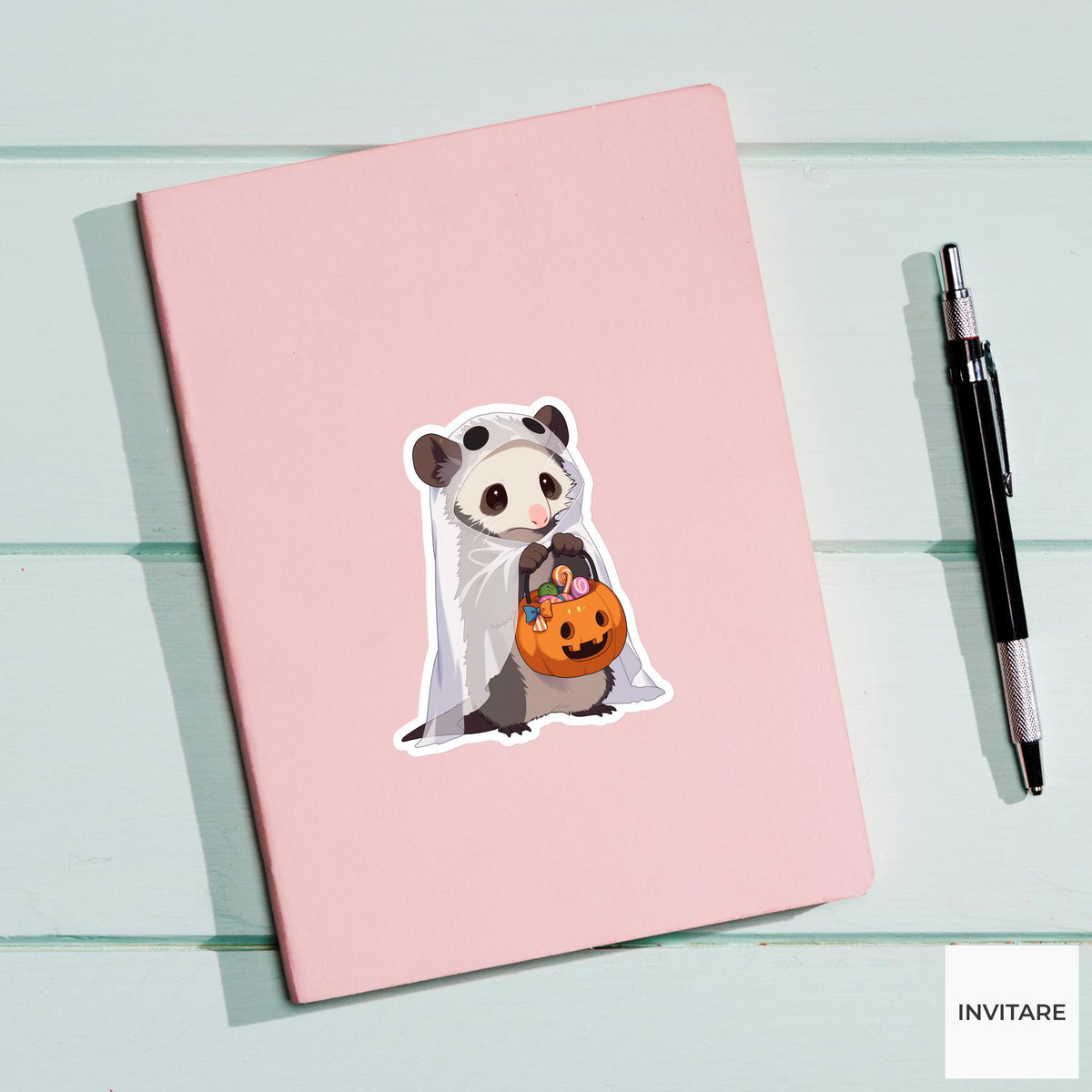 Possum Ghost Costume Sticker, Cute Pumpkin Bucket Halloween Decal for Laptops
