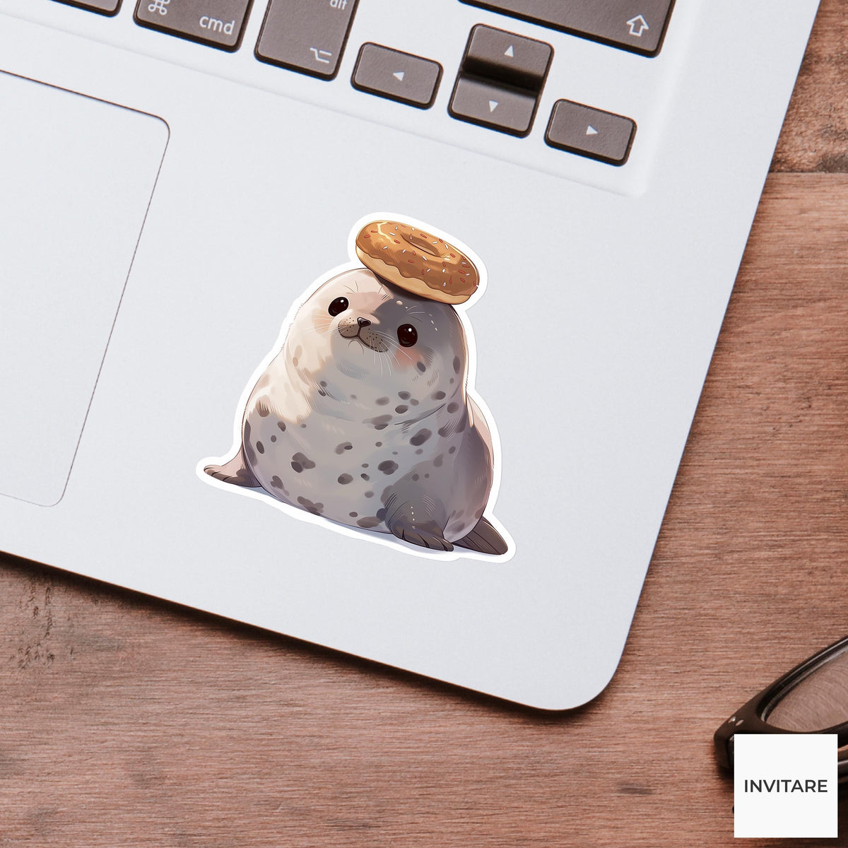 Harbor Seal Donut Sticker, Treat First Funny Animal Meme Laptop Water Bottle Decal