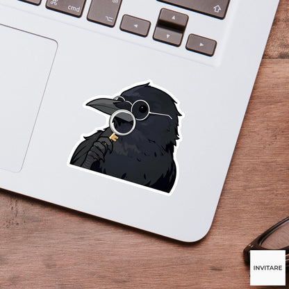 Black Crow Reading Glasses Sticker, Suspicious Key Detective Animal Meme Laptop Water Bottle Decal