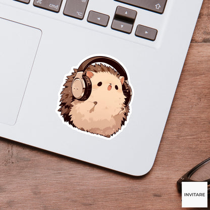 Hedgehog Headphones Sticker, Introvert Concert Funny Animal Music Vinyl Laptop Water Bottle Decal