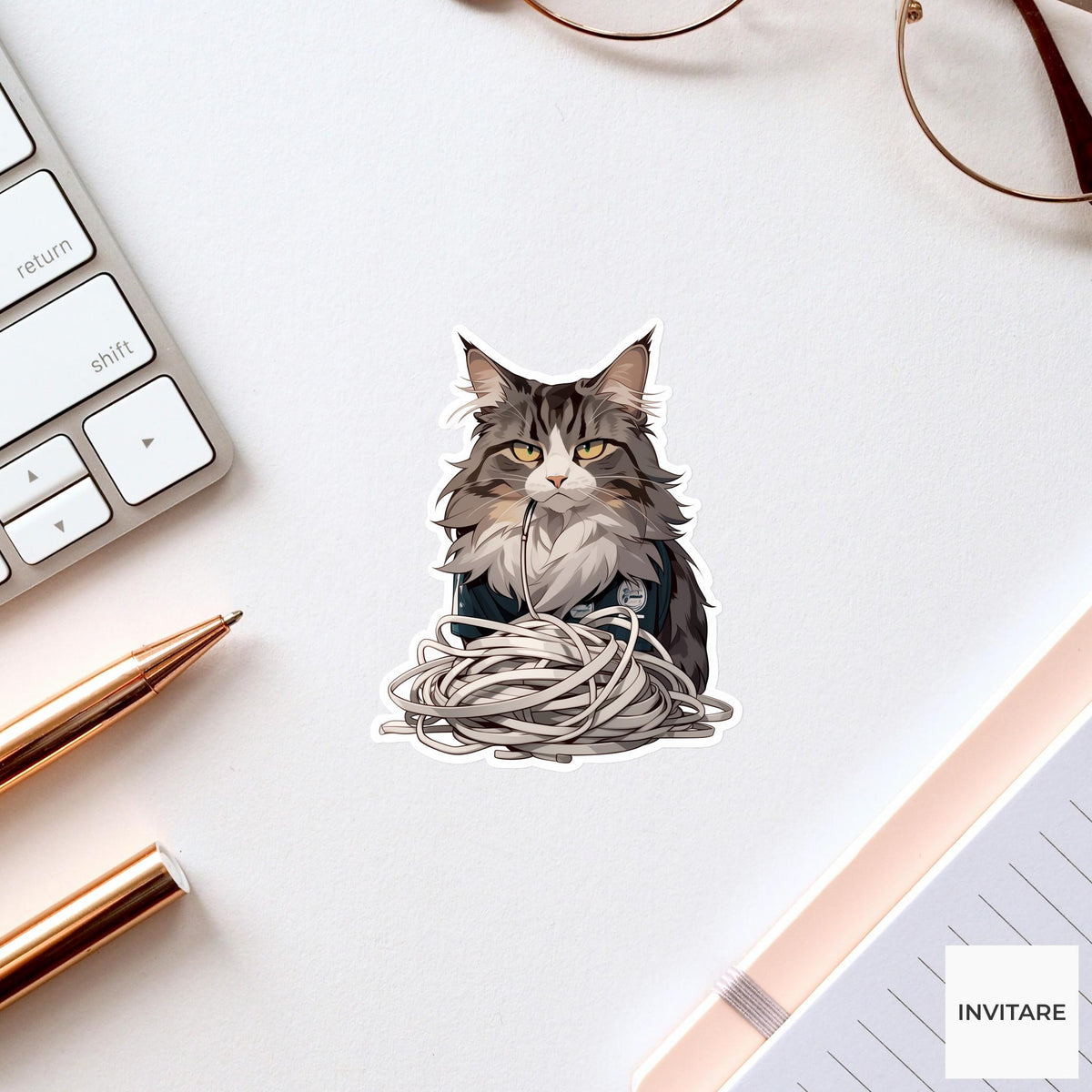 Maine Coon Referee Sticker, Tangled Earbud Chaos Funny Cat Meme Decal