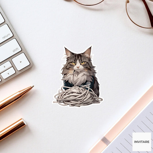 Maine Coon Referee Sticker, Tangled Earbud Chaos Funny Cat Meme Decal