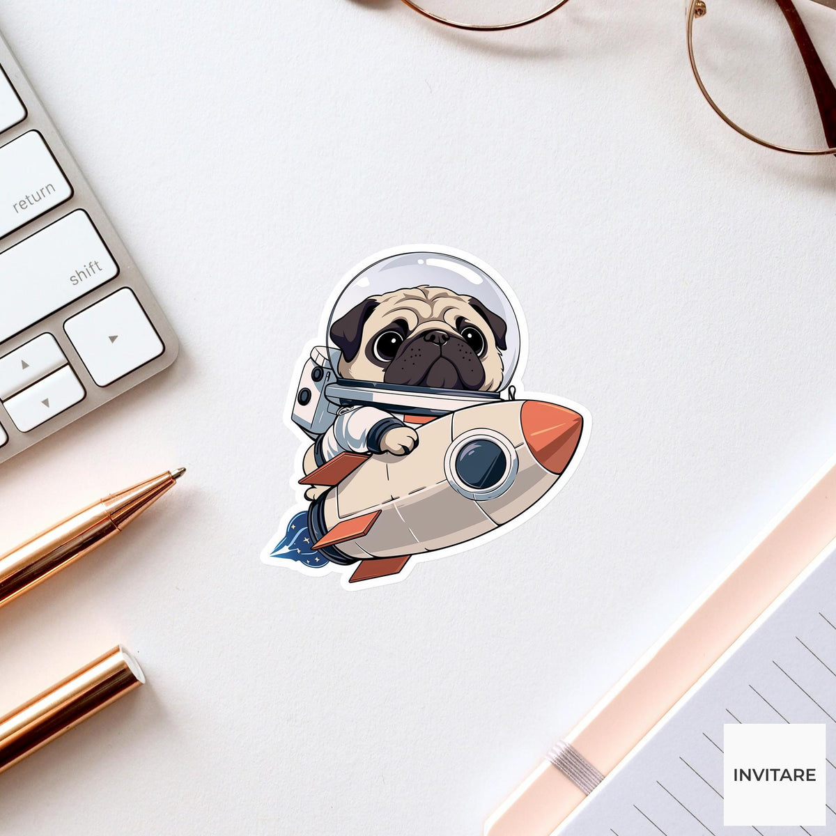 Pug Astronaut Sticker, Tiny Cardboard Rocket Funny Space Dog Meme Decal