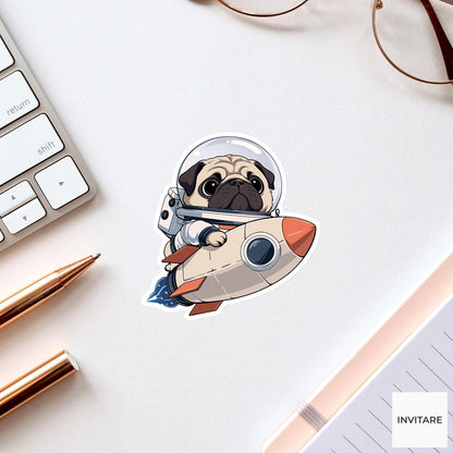 Pug Astronaut Sticker, Tiny Cardboard Rocket Funny Space Dog Meme Decal