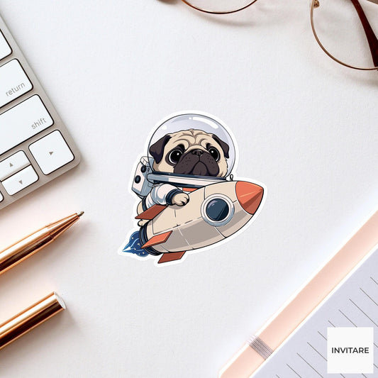 Pug Astronaut Sticker, Tiny Cardboard Rocket Funny Space Dog Meme Decal