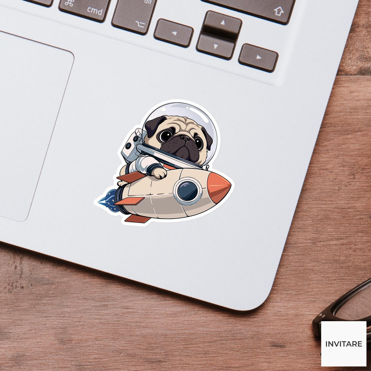 Pug Astronaut Sticker, Tiny Cardboard Rocket Funny Space Dog Meme Decal