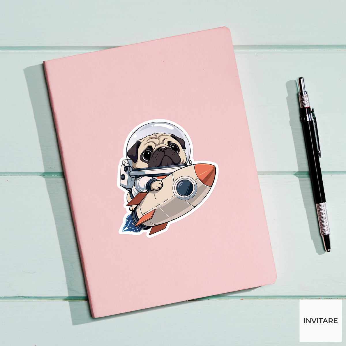 Pug Astronaut Sticker, Tiny Cardboard Rocket Funny Space Dog Meme Decal