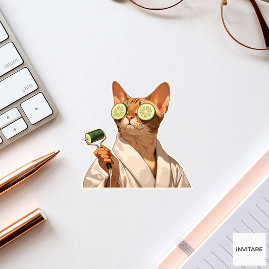 Sphynx Spa Robe Sticker, Cucumber Self Care Funny Cat Meme Decal