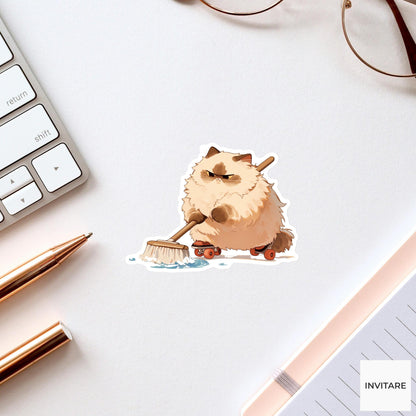 Grumpy Persian Mop Sticker, Roller Skating Cat Chore Humor Vinyl Decal