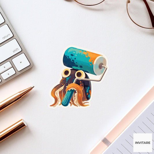 Cuttlefish Paint Roller Sticker, Color Match Funny Animal Meme Laptop Water Bottle Decal