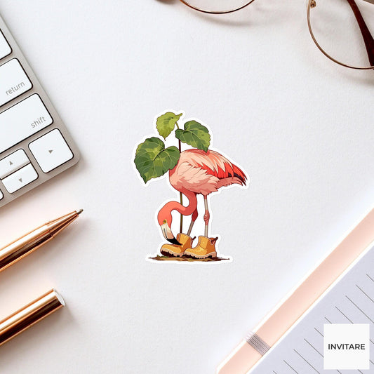 Flamingo Garden Clogs Sticker, Botanical Focus Funny Animal Meme Laptop Water Bottle Decal