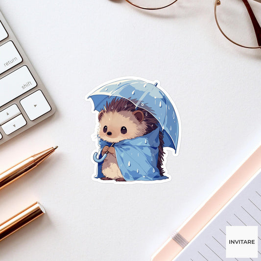 Hedgehog Rain Poncho Sticker, Tiny Umbrella Funny Animal Meme Laptop Water Bottle Decal