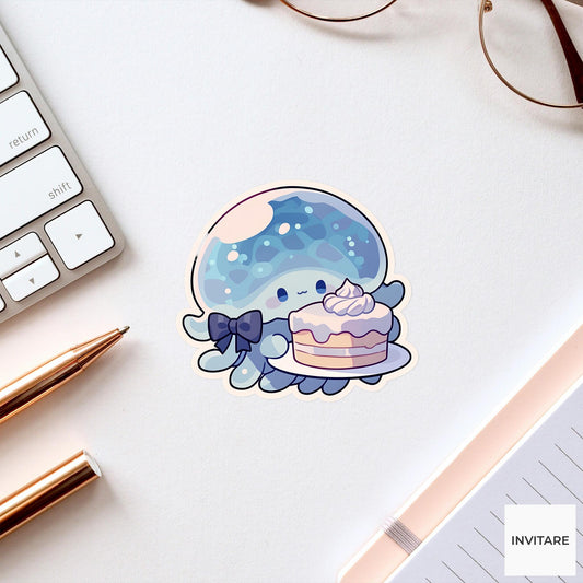 Jellyfish Bow Tie Sticker, Wobbly Cake Funny Animal Meme Laptop Water Bottle Decal