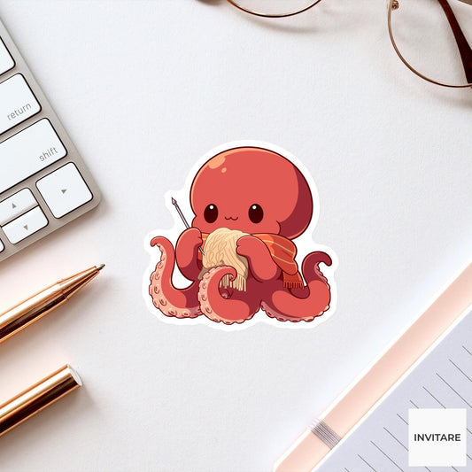 Octopus Knitting Sticker, One Project Funny Animal Meme Laptop Water Bottle Decal