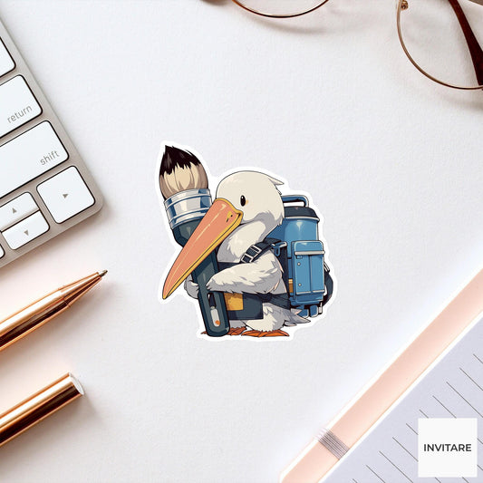Pelican Paintbrush Sticker, Art Supply Funny Animal Meme Laptop Water Bottle Decal